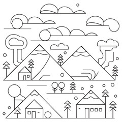 vector landscape with houses for coloring book