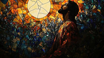 A peaceful yet emotional stained glass scene of Jesus in the Garden of Gethsemane, his figure illuminated by divine light, surrounded by darkened olive trees and intricate floral patterns,