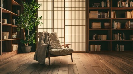Fototapeta premium Serene Japanese Reading Nook: Minimalist Interior Design with Plush Chair and Bookshelves for Literature Lovers