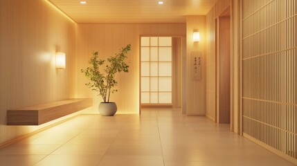 Fototapeta premium Serene Japanese Minimalist Entryway with Wooden Shoe Storage and Soft Lighting | Elegant Oriental Decor in Modern Japanese Home