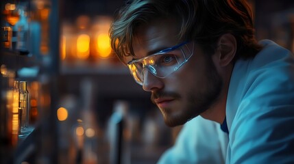 A man in a lab coat is wearing safety goggles and looking at a bottle