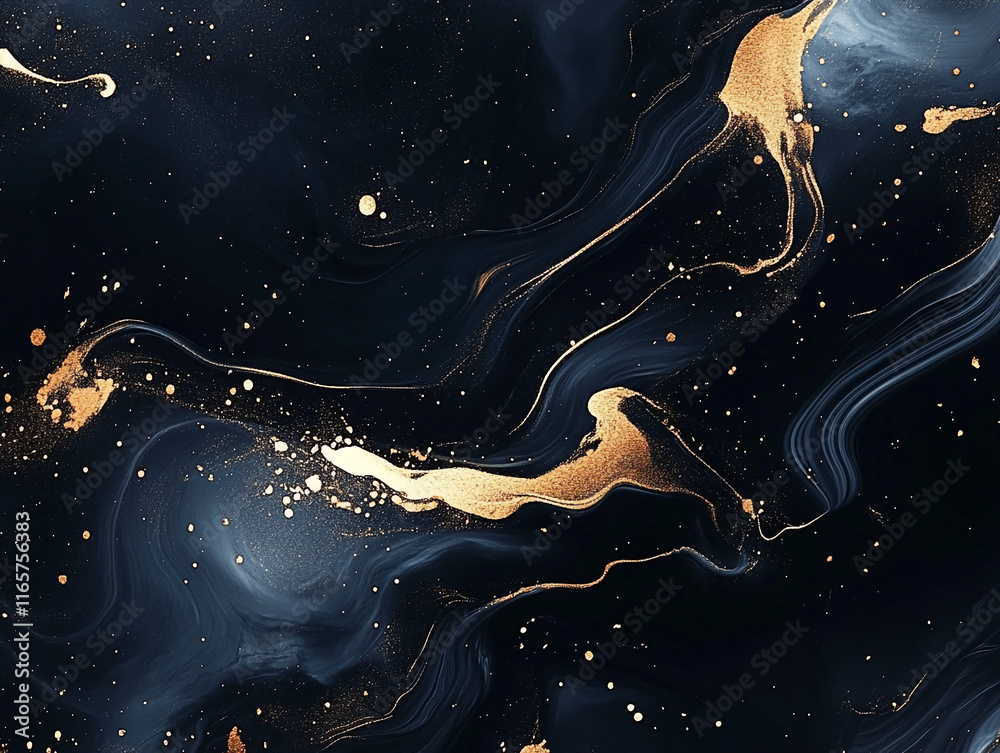 Poster abstract black and gold fluid art with elegant swirling patterns