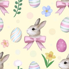 seamless pattern with easter colorful eggs, baby rabbit, flowers and bows on yellow background