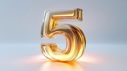 [Golden numeral five in 3D rendering] Stylized Three-Dimensional Number Five in Gold on White Background