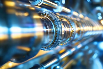 Close-up view of precision machinery components illuminated in a workshop setting