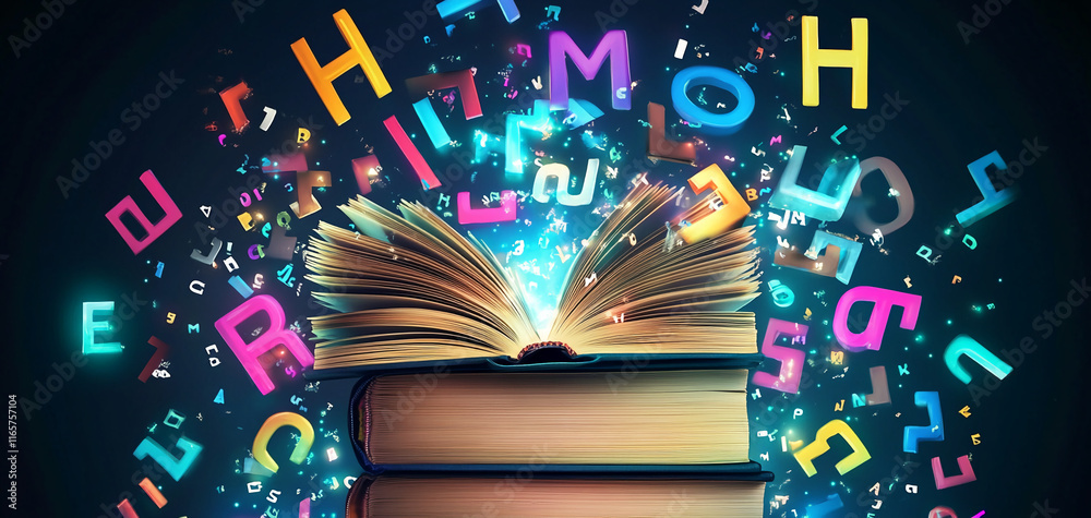 Poster Open Book with Colorful Floating Letters on a Vibrant Background