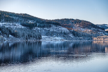 The Landscape by the lake during the winter time in Baden-Württemberg with snow and water reflection