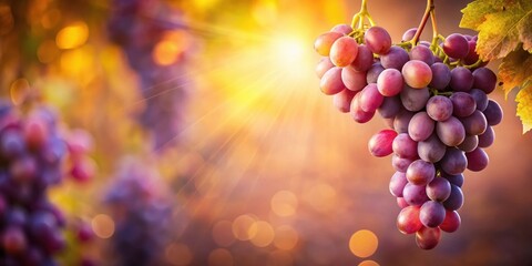 Sunlit clusters of ripe red grapes hanging on a vine during harvest season