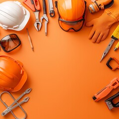 Collection of safety gear and tools arranged on an orange background, featuring helmets, gloves, and various hand tools.