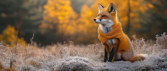 Obraz premium [Autumn fox in orange jacket] Autumn Woodland Fox in Orange Jacket Soft Filter Photography