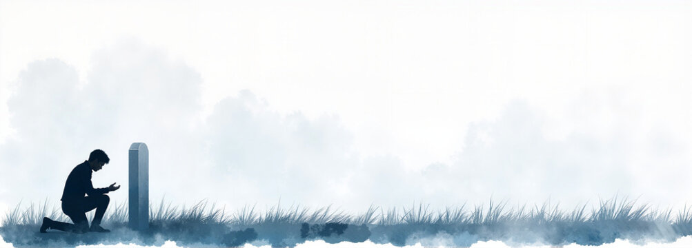Silhouette of a person kneeling at a grave in mist