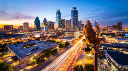 Fototapeta premium A vibrant urban cityscape at night with long exposure light trails of vehicles weaving through modern skyscrapers, showcasing the dynamic energy of city life.
