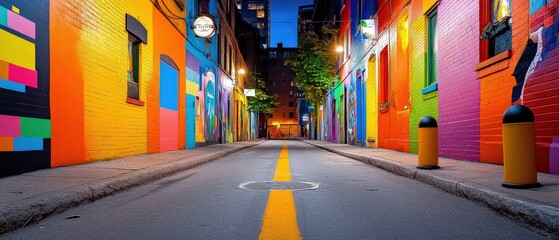 Fototapeta premium [Colorful street scene in pastelhued alleyway] Vibrant Pastel Alleyway at Dusk Colorful Street Scene in Urban Paradise