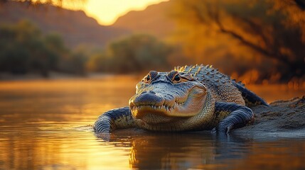 Fototapeta premium [BBC America alligator wildlife photography] Floating Giant Serene Sunset Scene of an Alligator on River's Surface - BBC America Style
