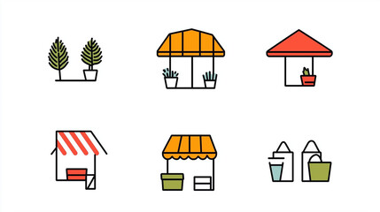 Obraz premium Minimalist line art icons representing different shop types, including storefronts, kiosks, and market stalls, designed in a modern style.