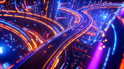 Aerial view of a futuristic city highway network at night, featuring bright, colorful light trails from fast-moving cars. The intricate design of overpasses, curving roads, and int