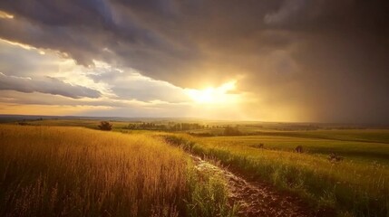 Obraz premium Dramatic Countryside Landscape with Golden Hour Light