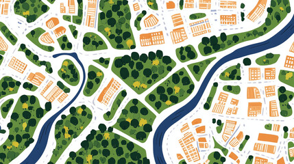 Obraz premium A detailed city map illustration with clearly marked streets, green parks, and blue rivers weaving through the urban landscape. The layout highlights an intricate grid of roads and