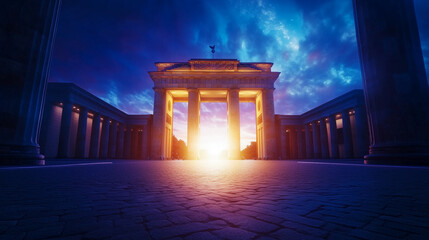Naklejka premium A stunning wide-angle shot of the illuminated Brandenburg Gate at twilight, framed by a moody sky. The glowing lights emphasize the detailed columns and historical significance of