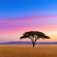 Fototapeta premium [African savannah sunset landscape] Savannah Sunset Tranquil Landscape with Majestic Tree against Warm Pastel Sky