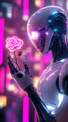 Fototapeta premium Futuristic robot holding a neon rose against vibrant city nightscape