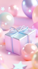 Pastel gift box and balloon celebration with stars on soft pink background