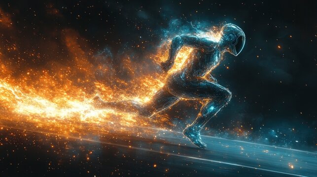 Robot athlete running on track, leaving trails of energy behind