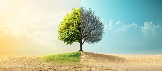 Fototapeta premium A split tree symbolizes contrasting environments lush greenery versus arid desert.