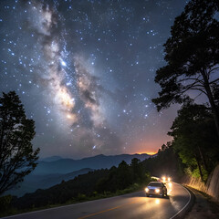milky way and car light on road
