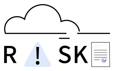 Cloud outline above the word RISK with triangle exclamation warning and compliance document. Ideal for cybersecurity, data protection, cloud services, risk management, compliance, legal contracts, IT