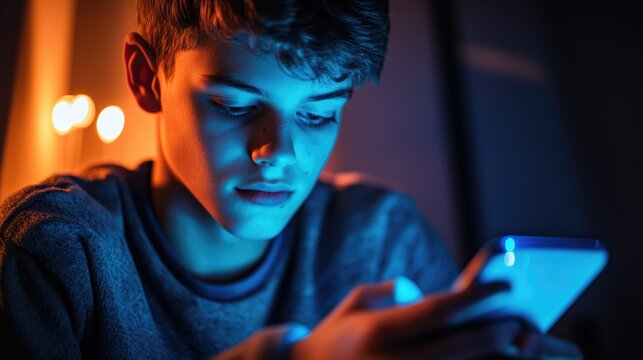 A teenage boy using a smartphone at home, illuminated by the blue light from the screen. A preteen reads messages. An adolescent playing mobile games online. Social network