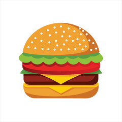 Cheeseburger with Sesame Seed Bun and Toppings, Vector Illustration