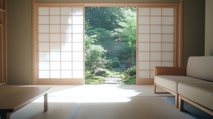 Obraz premium Serene Minimalist Japanese Living Room with Zen Garden View | Tranquil Interior Design with Sliding Doors and Calming Colors