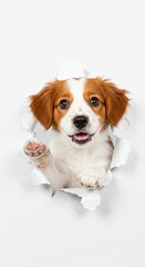 Fototapeta premium Playful Kooikerhondje Puppy Breaking Through Torn Paper - Dutch Spaniel Breed Delight