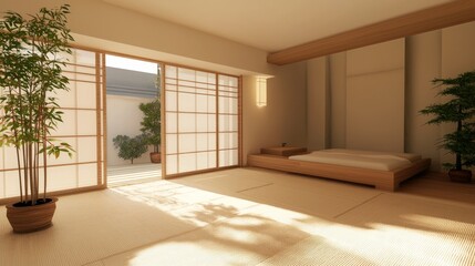 Tranquil Minimalist Japanese Bedroom with Low Platform Bed and Shoji Doors | Peaceful Zen Interior Design with Potted Plants | Serene Retreat Photograph