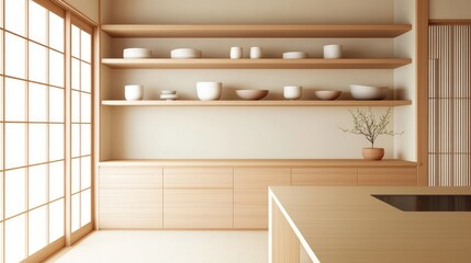 Fototapeta premium Serene Minimalist Japanese Kitchen with Modern Design Aesthetic and Functional Elegance
