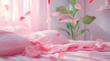 A modern bedroom featuring a wooden bed frame with a white quilt and decorative pillows,