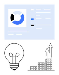Pie chart, checklist, light bulb, and upward arrows over a bar chart represent data analysis, innovation, and growth. Ideal for business concepts, analytics, productivity innovation strategy