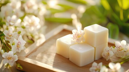 A softly lit scene featuring three decorative white soap cubes with ornate patterns,