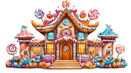 A gingerbread house with colorful candy decorations sits on a cookie base.