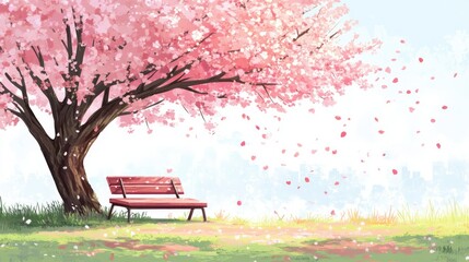Obraz premium A serene scene featuring a large, blooming cherry blossom tree with vibrant pink flowers.
