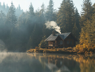 Fototapeta premium Secluded log cabin by a misty forest lake surrounded by autumn foliage and serene nature