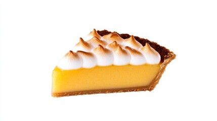 A slice of lemon meringue pie with a golden filling and meringue topping.