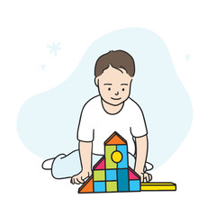 It's an illustration of a boy sitting on the floor, stacking blocks and playing. It's a vector element drawn by hand.