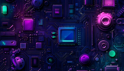 Fototapeta premium Abstract neon-lit circuit board, vibrant purple and teal hues, intricate electronic components, technological background, digital art.