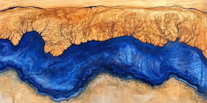 Blue resin resembling a sea or lake merging with a lichtenberg figure on wood, creating an abstract landscape