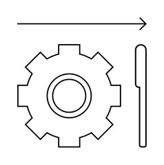 Gear, horizontal arrow, and vertical tool outline representing process, direction, and productivity. Ideal for workflow, engineering, automation, teamwork progress operations abstract line flat