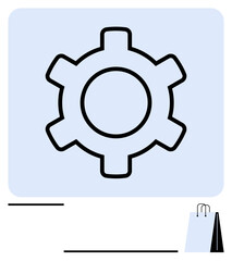 Black gear outline on soft blue background alongside a small shopping bag. Ideal for business, e-commerce, innovation, technology, settings, process optimization, abstract line flat metaphor