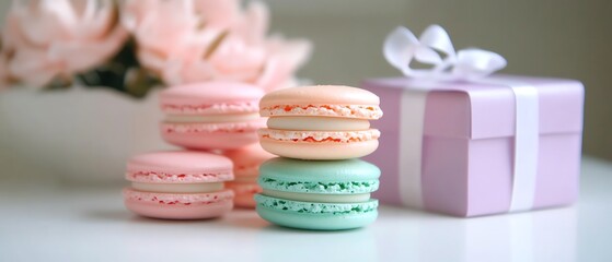 Fototapeta premium Colorful macarons with a gift box in the background.