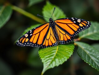 Naklejka premium Close-up of a Monarch butterfly with vibrant orange and black wings delicately perched on a lush green leaf